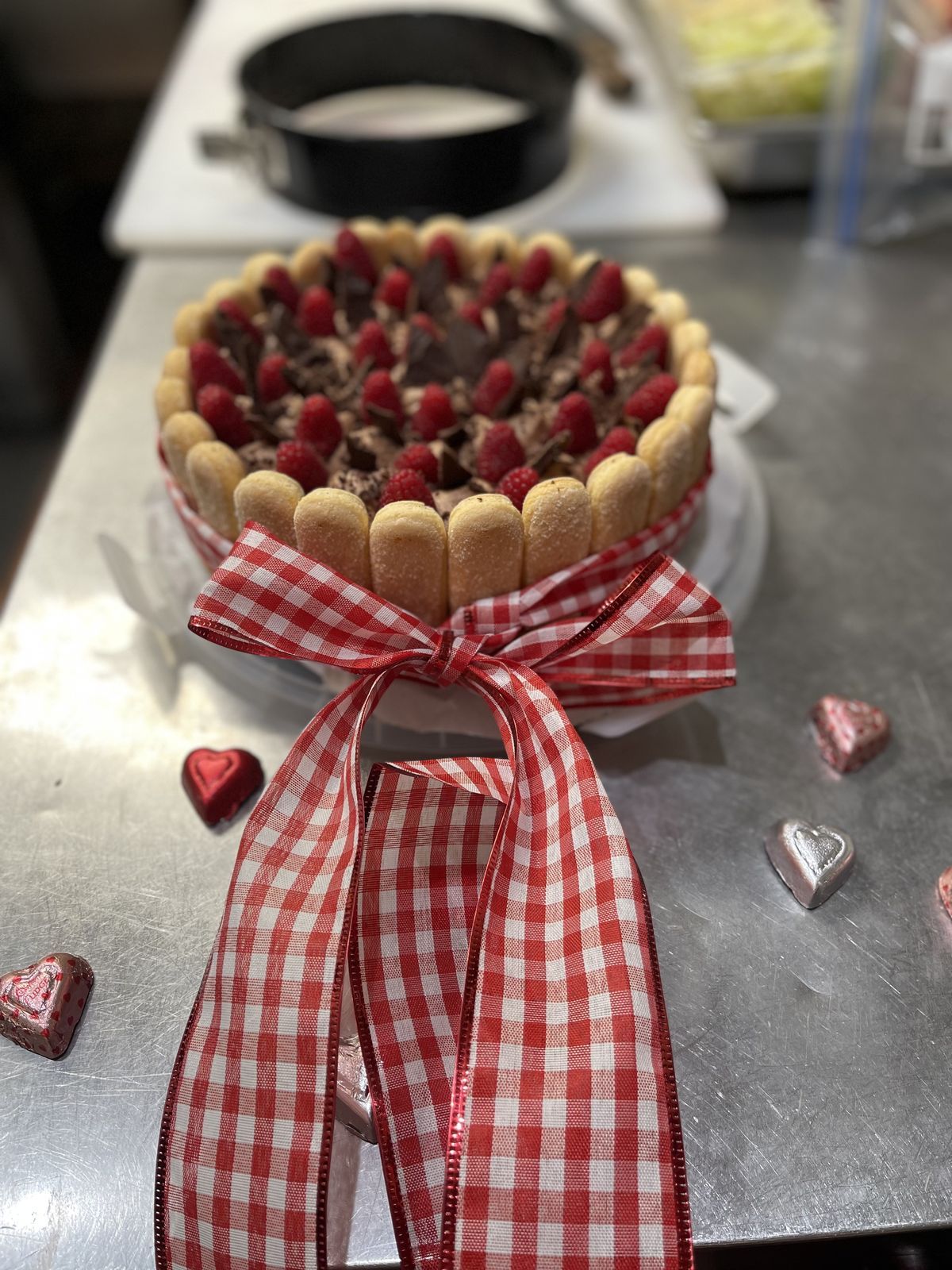 Berry charlotte tied with a gingham ribbon