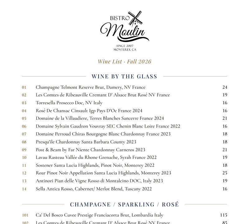 The Bistro Moulin wine list