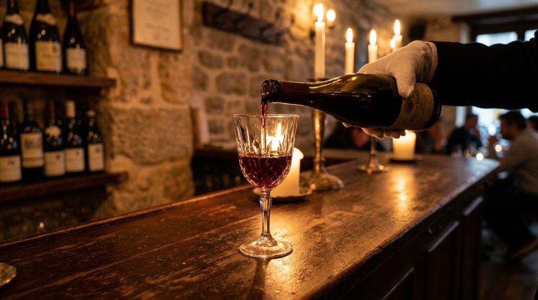 Sommelier pouring French Pinot Noir by ambient candlelight at the dark mahogany bar